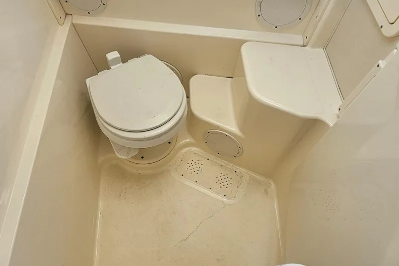 K Dee Yacht Photos Pics 2008 World Cat 320 EC boat bathroom interior with toilet and step.
