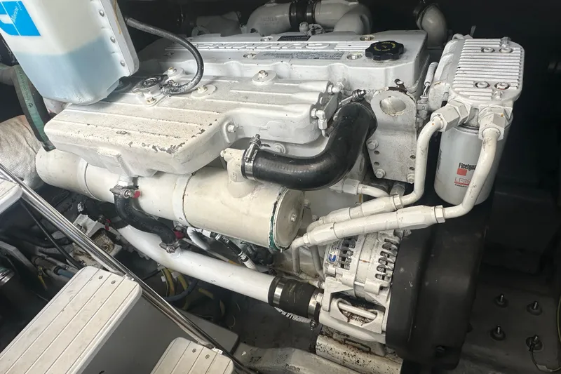  Yacht Photos Pics Engine compartment of a 2009 Meridian 441 Sedan, showcasing detailed mechanical components.