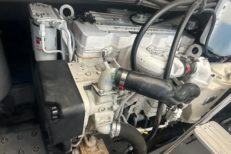  Yacht Photos Pics Engine compartment of a 2009 Meridian 441 Sedan, showcasing detailed mechanical components.