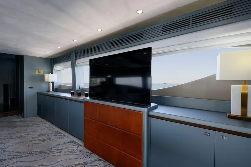  Yacht Photos Pics Luxurious interior of 2010 Princess Flybridge 85 Motor Yacht with modern decor and large TV.