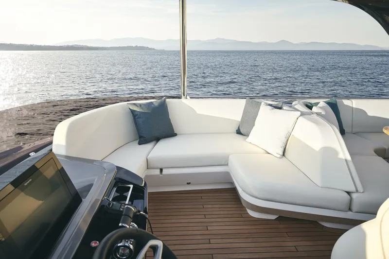  Yacht Photos Pics Luxurious 2026 Princess F65-079 yacht interior with elegant seating and ocean view.