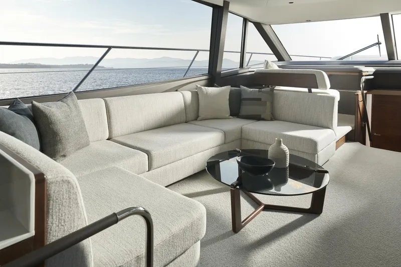  Yacht Photos Pics Luxurious interior of 2026 Princess F65-079 yacht with elegant seating and ocean view.