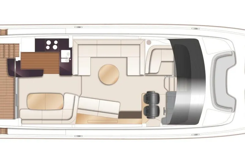  Yacht Photos Pics Top view layout of 2026 Princess F65-079 yacht interior, featuring seating and kitchen areas.