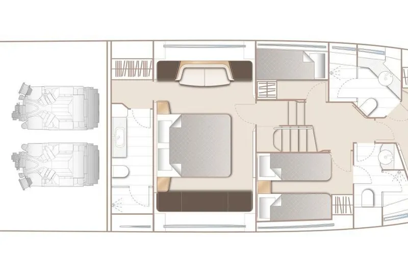  Yacht Photos Pics Floor plan of 2026 Princess F65-079 yacht, featuring bedrooms and engine layout.