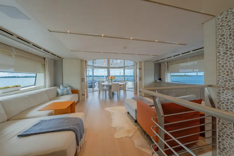 Phoenix Yacht Photos Pics Luxurious interior of 2019 Sanlorenzo SD112 yacht with elegant seating and ocean views.