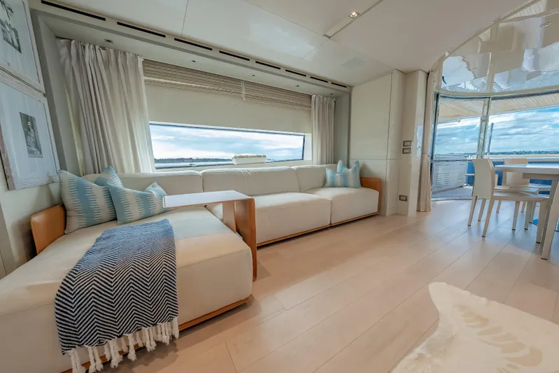 Phoenix Yacht Photos Pics Luxurious interior of 2019 Sanlorenzo SD112 yacht with elegant seating and ocean view.