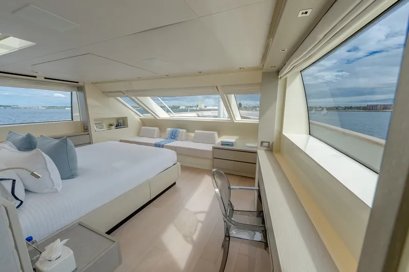 Phoenix Yacht Photos Pics Luxurious 2019 Sanlorenzo SD112 yacht bedroom with ocean views and modern decor.