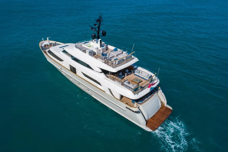 Phoenix Yacht Photos Pics Luxurious 2019 Sanlorenzo SD112 yacht cruising on open sea, aerial view.