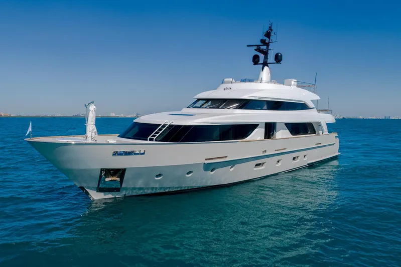 Phoenix Yacht Photos Pics Luxurious 2019 Sanlorenzo SD112 yacht cruising on clear blue waters.