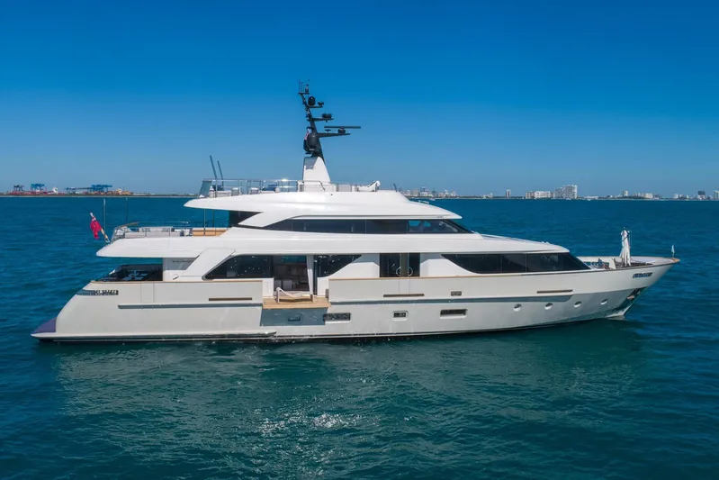 Phoenix Yacht Photos Pics Luxurious 2019 Sanlorenzo SD112 yacht cruising on open water under clear blue skies.