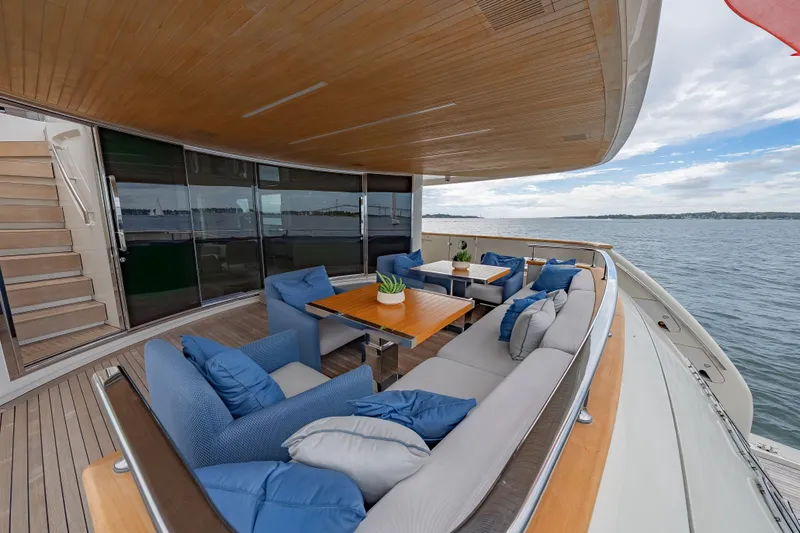 Phoenix Yacht Photos Pics Luxurious 2019 Sanlorenzo SD112 yacht deck with elegant seating and ocean view.
