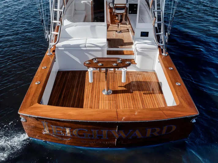  Yacht Photos Pics 1996 Garlington 44 Express yacht with wooden deck, viewed from the stern on water.