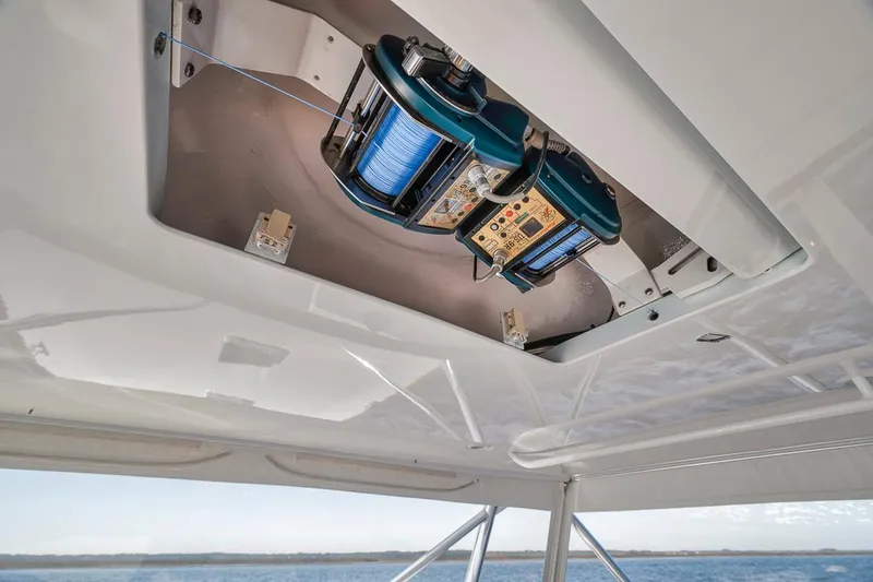  Yacht Photos Pics Ceiling view of 1996 Garlington 44 Express boat with fishing equipment.