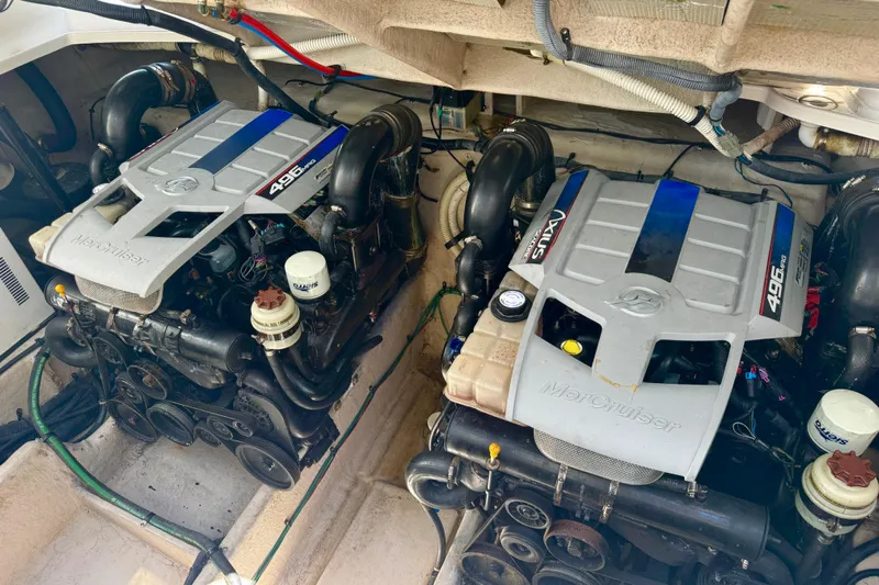  Yacht Photos Pics Engine room of 2010 Sea Ray 390 Sundancer with twin MerCruiser 496 engines.