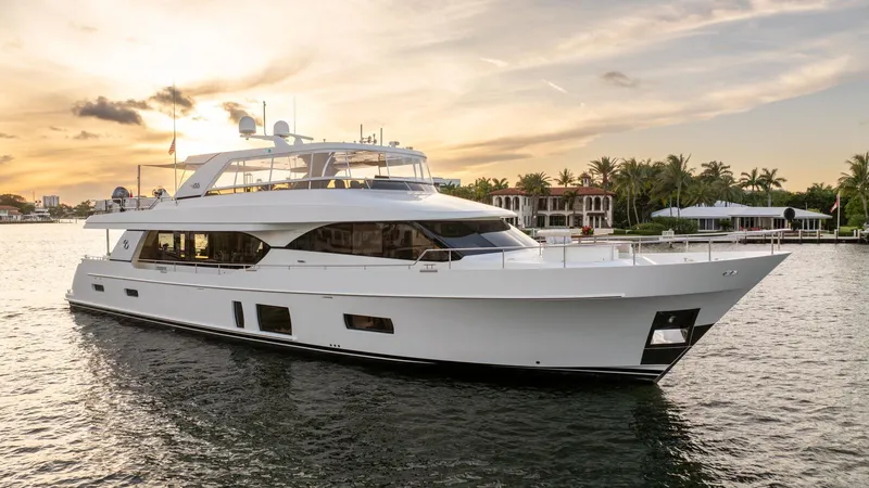 Iridescence Yacht Photos Pics Luxury Ocean Alexander 100 MY yacht cruising at sunset, 2020 model.