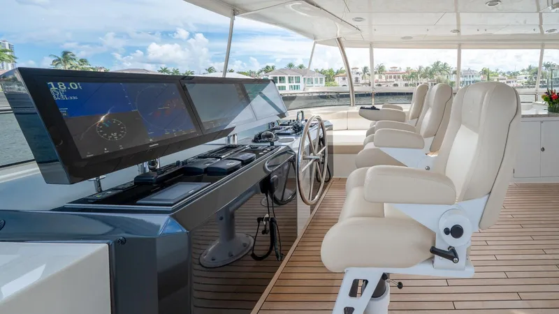 Iridescence Yacht Photos Pics Luxurious Ocean Alexander 100 MY 2020 yacht helm with modern navigation displays and plush seating.