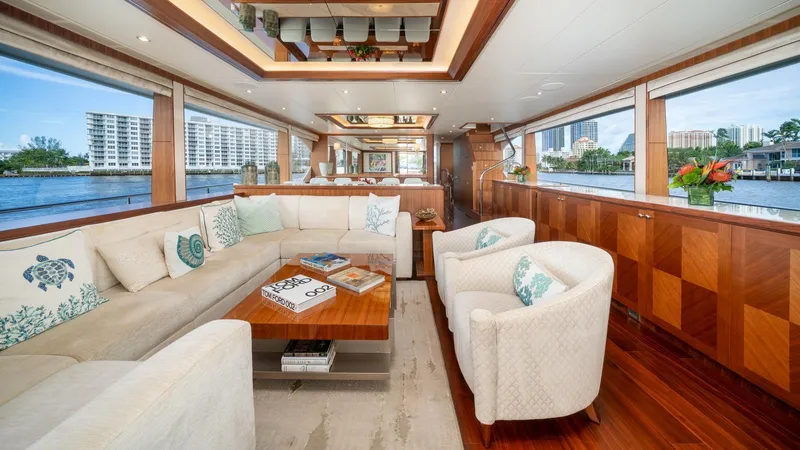 Iridescence Yacht Photos Pics Luxurious interior of 2020 Ocean Alexander 100 MY yacht with elegant seating and waterfront views.