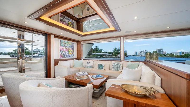 Iridescence Yacht Photos Pics Luxurious interior of 2020 Ocean Alexander 100 MY yacht with elegant seating and waterfront view.