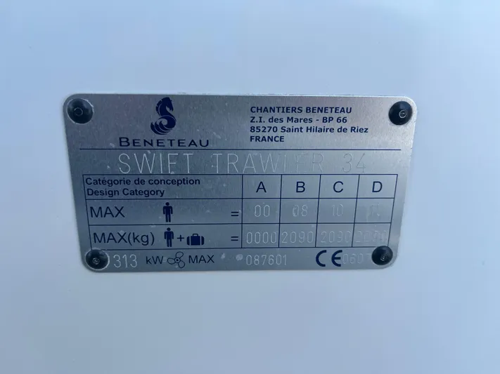 Eleven Seven Yacht Photos Pics 2013 Beneteau Swift Trawler 34 identification plate with design category and specifications.