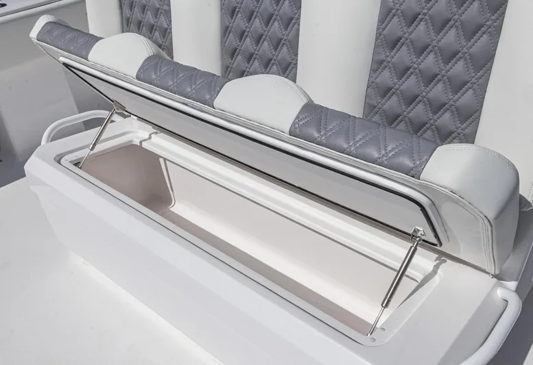  Yacht Photos Pics 2025 Invincible 35 Catamaran seat storage with quilted upholstery.