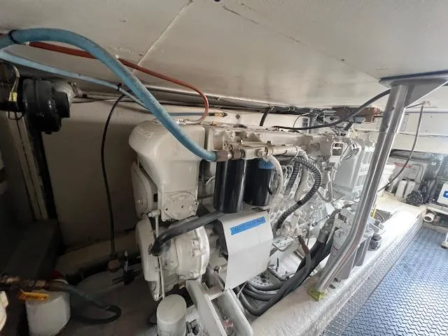 Fryedays Off Yacht Photos Pics Engine room of 2003 Ocean Yachts 43 Super Sport, showcasing detailed mechanical components.