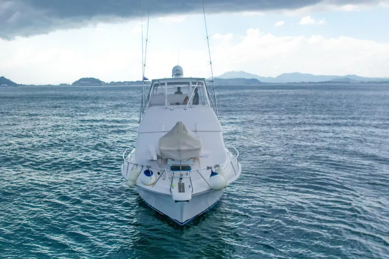  Yacht Photos Pics 2007 Bertram 510 Convertible yacht on open sea with cloudy sky backdrop.