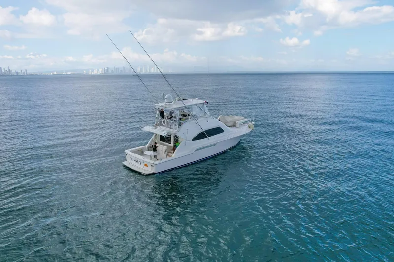  Yacht Photos Pics 2007 Bertram 510 Convertible yacht on open sea with city skyline in background.