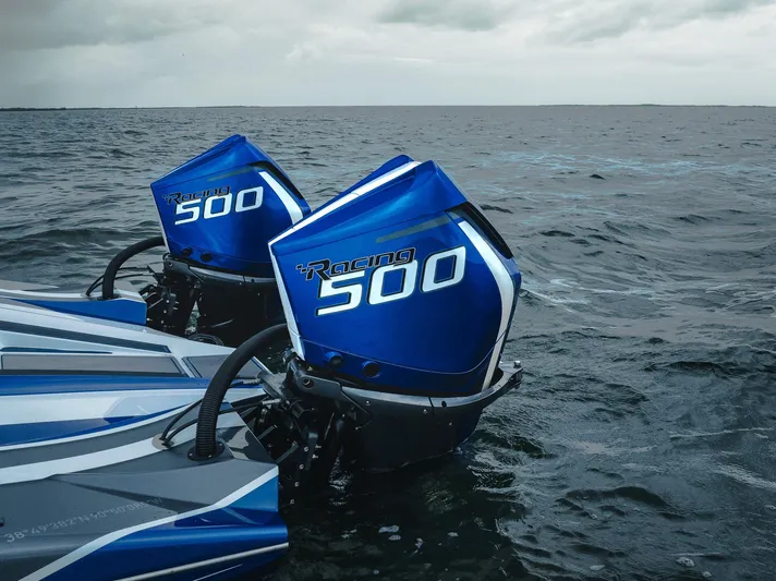  Yacht Photos Pics 2024 MTI 440X boat with dual Racing 500 engines on open water.