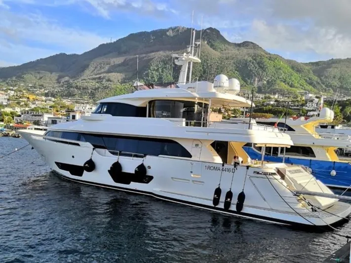 Yacht Photos Pics Luxurious 2017 Custom Line Navetta 28 yacht docked in scenic harbor with mountainous backdrop.