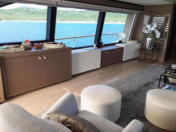  Yacht Photos Pics Luxurious interior of 2017 Custom Line Navetta 28 yacht with ocean view.