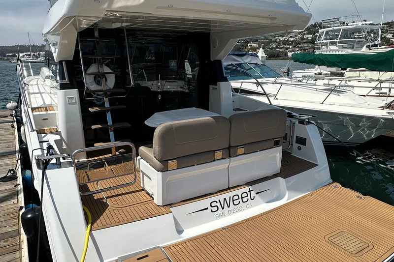 Sweet Yacht Photos Pics 2017 Bavaria Virtess 420 Fly yacht docked in San Diego marina.