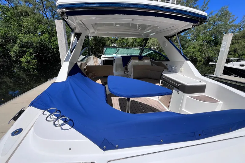 Blu Yacht Photos Pics 2020 Sea Ray Sundancer 320 Outboard with blue cover, docked in a lush, green marina.