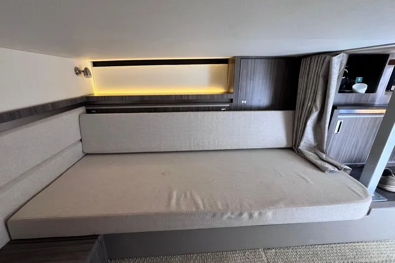 Blu Yacht Photos Pics 2020 Sea Ray Sundancer 320 Outboard interior cabin with modern seating and ambient lighting.