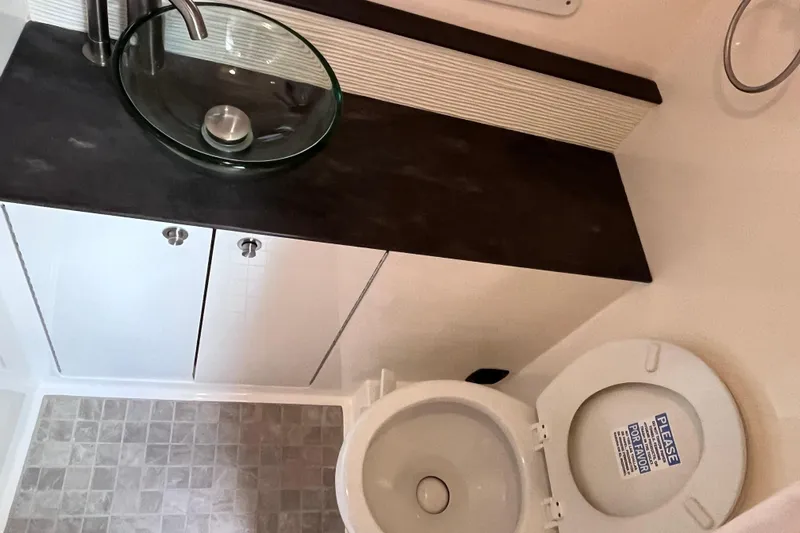 Blu Yacht Photos Pics 2020 Sea Ray Sundancer 320 Outboard bathroom with modern sink and toilet.