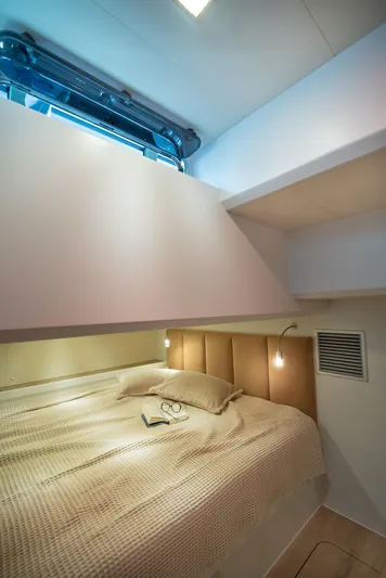 Explorer 1 Yacht Photos Pics Luxurious bedroom in 2024 Ridas 62 yacht with cozy bedding and modern lighting.
