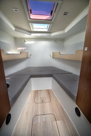 Explorer 1 Yacht Photos Pics 2024 Ridas 62 interior cabin with skylight and modern design.