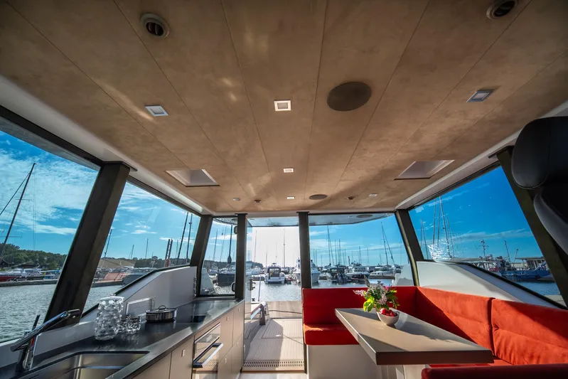 Explorer 1 Yacht Photos Pics Luxurious interior of 2024 Ridas 62 yacht with panoramic windows and modern furnishings.
