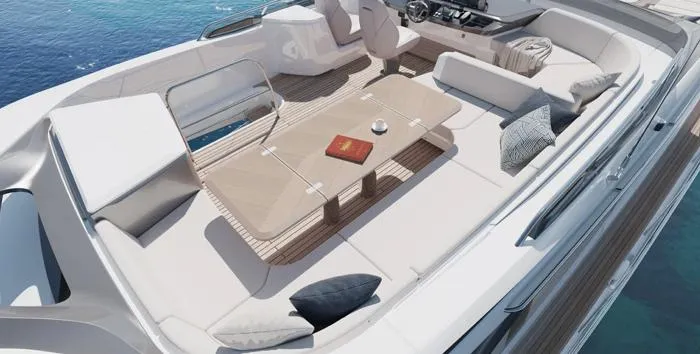  Yacht Photos Pics Luxurious 2025 Princess S65 yacht deck with elegant seating and table, overlooking serene blue waters.
