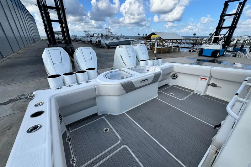  Yacht Photos Pics 2020 Invincible 40 Catamaran boat deck with modern features and spacious layout.