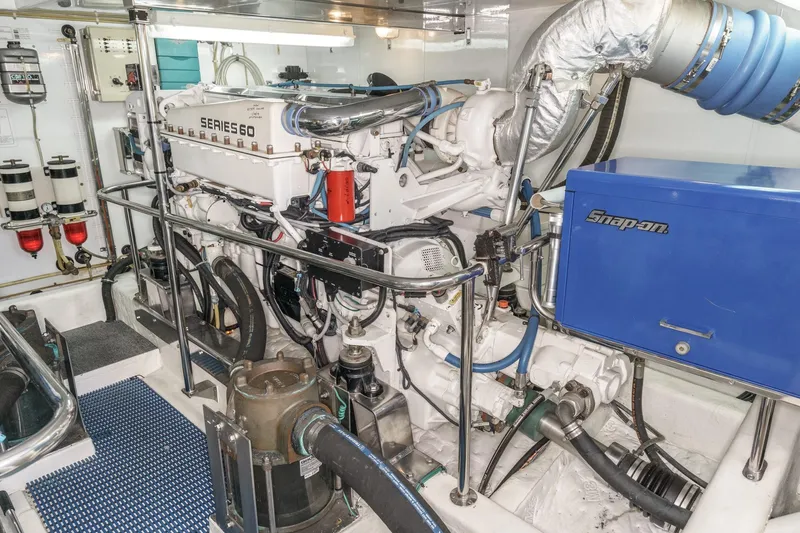 Encore Yacht Photos Pics Engine room of 2006 Ocean Alexander 64 Pilothouse yacht with Series 60 engine.