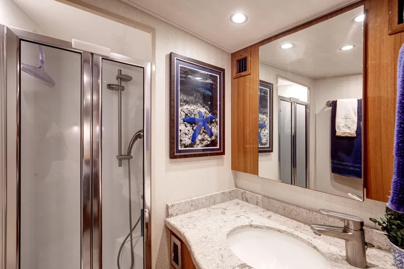 Dorothy Marie Yacht Photos Pics Luxurious bathroom in 2017 Viking 48 Convertible yacht with modern shower and elegant decor.