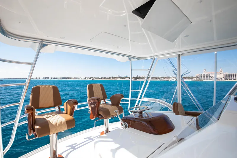 Dorothy Marie Yacht Photos Pics Luxurious interior of 2017 Viking 48 Convertible yacht with ocean view.