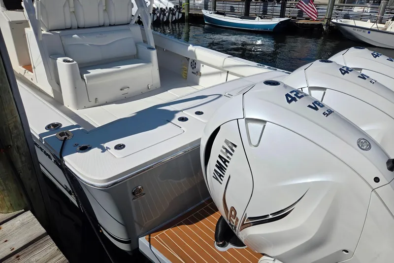 Yacht Photos Pics 2022 Regulator 37 boat with Yamaha 425 V8 engines docked at marina.
