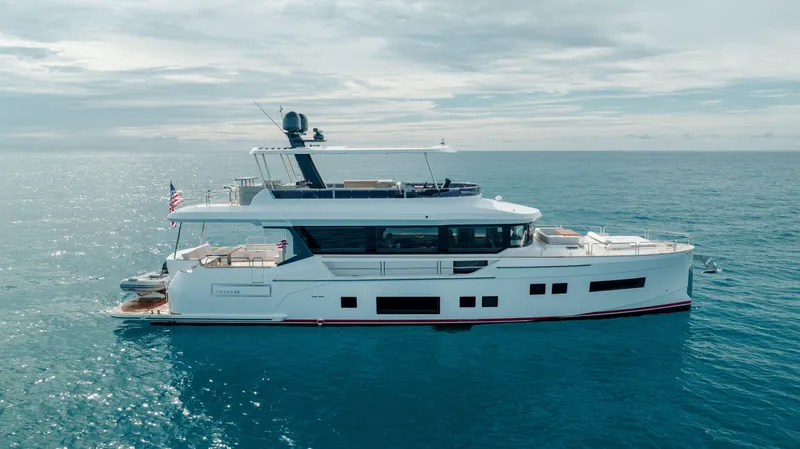 My Lady Y Yacht Photos Pics Luxury Sirena 68 yacht cruising on open sea, 2023 model.