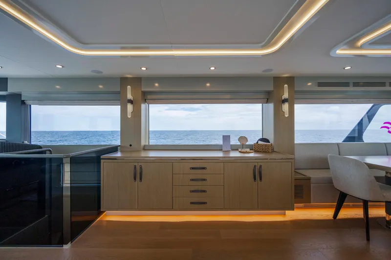 My Lady Y Yacht Photos Pics Luxurious interior of 2023 Sirena 68 yacht with ocean view and modern furnishings.