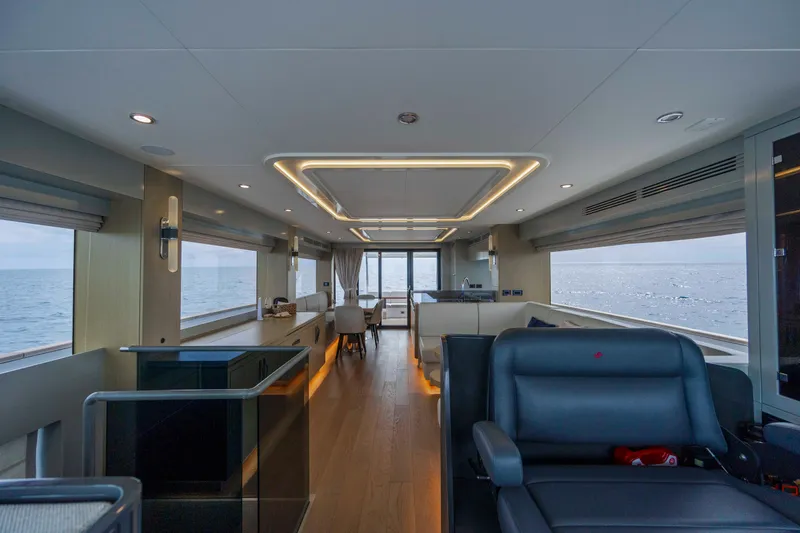 My Lady Y Yacht Photos Pics Luxurious interior of 2023 Sirena 68 yacht with modern design and ocean view.