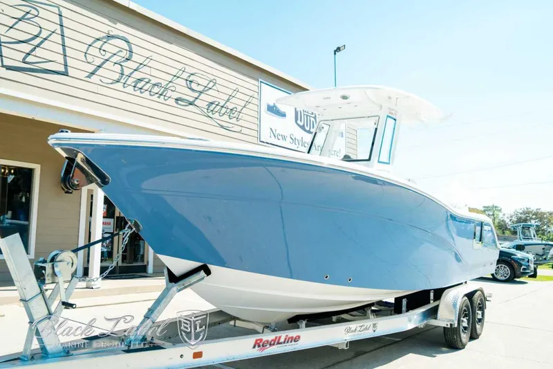 Black Label Marine Yacht Photos Pics 2025 Sea Fox 268 Commander boat on trailer outside Black Label Marine Group.