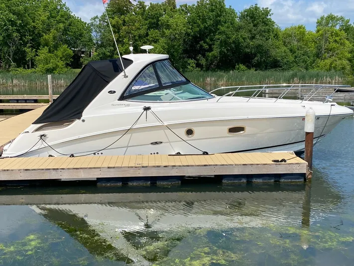 Yacht Photos Pics 2010 Sea Ray 310 Sundancer docked on a sunny day, surrounded by lush greenery.