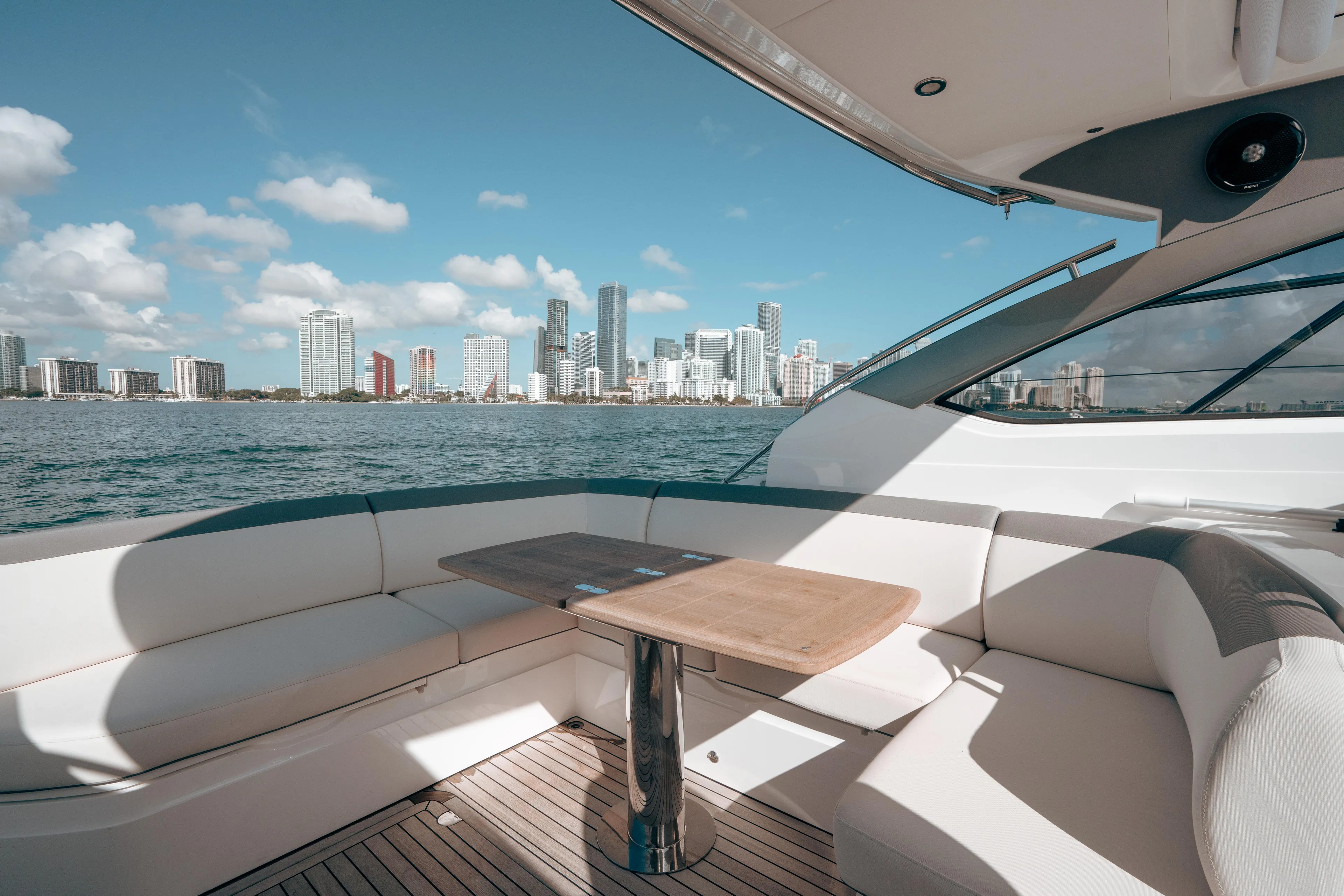 Angeliki Yacht Photos Pics Luxurious 2021 Princess V40 yacht interior with city skyline view.