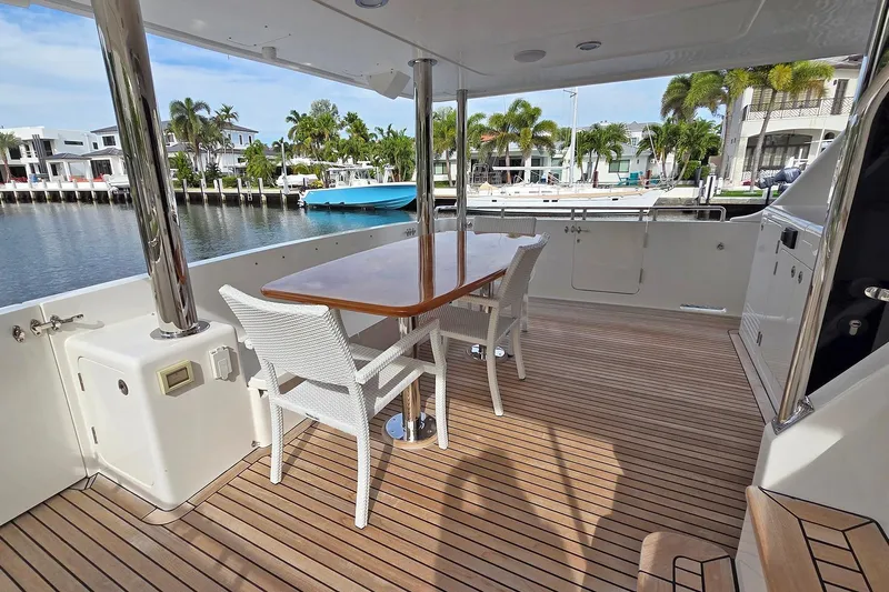 Suertudo Yacht Photos Pics Luxury 2020 Outer Reef Yachts 720 Motoryacht deck with elegant seating and waterfront view.